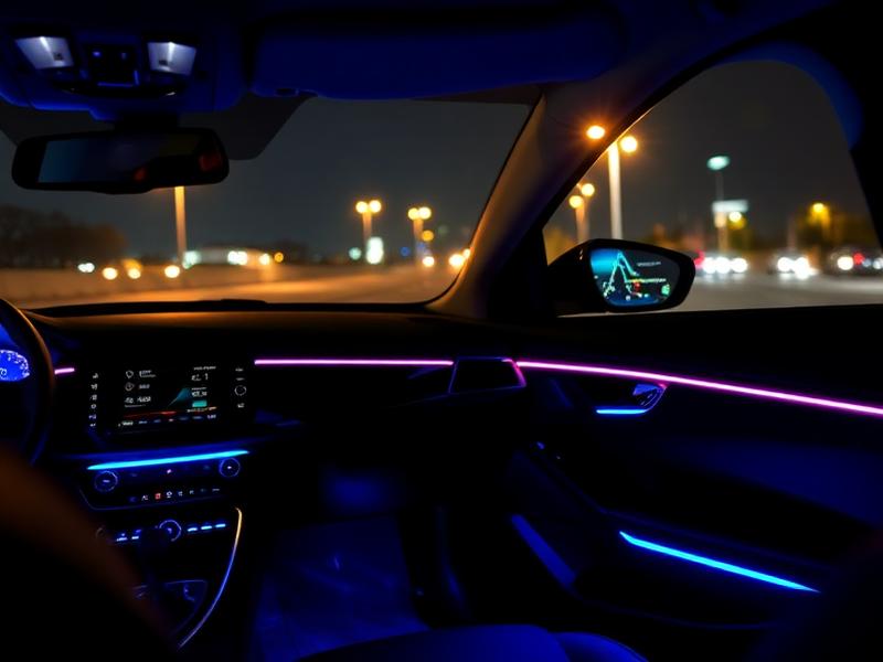 Interior mobil dengan ambient light pada dashboard dan door trim di malam hari