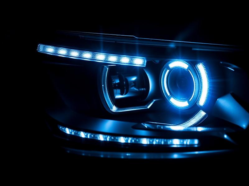 Projector Bi-LED mobil terpasang pada headlamp dengan sorot putih kebiruan