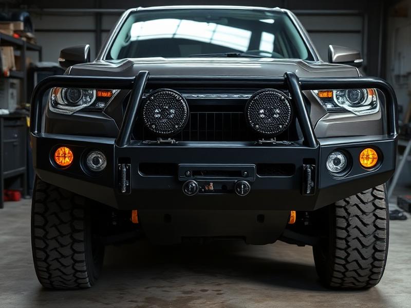 Mobil SUV dengan pengaman bumper depan bull bar hitam terpasang di workshop